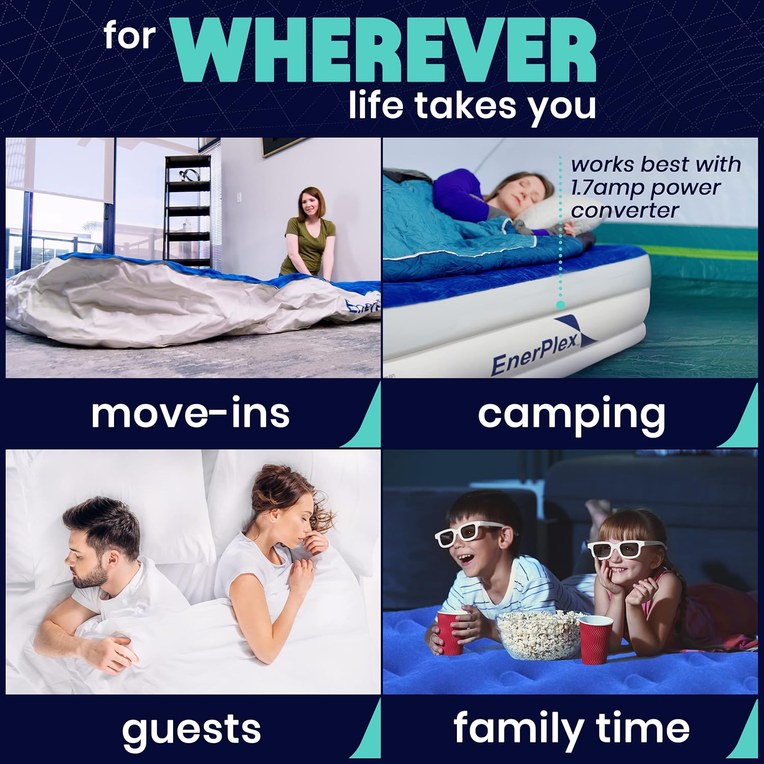 EnerPlex Queen Air Mattress for Camping, Home & Travel - 13 Inch Double Height Inflatable Bed with Built-in Dual Pump - Durable