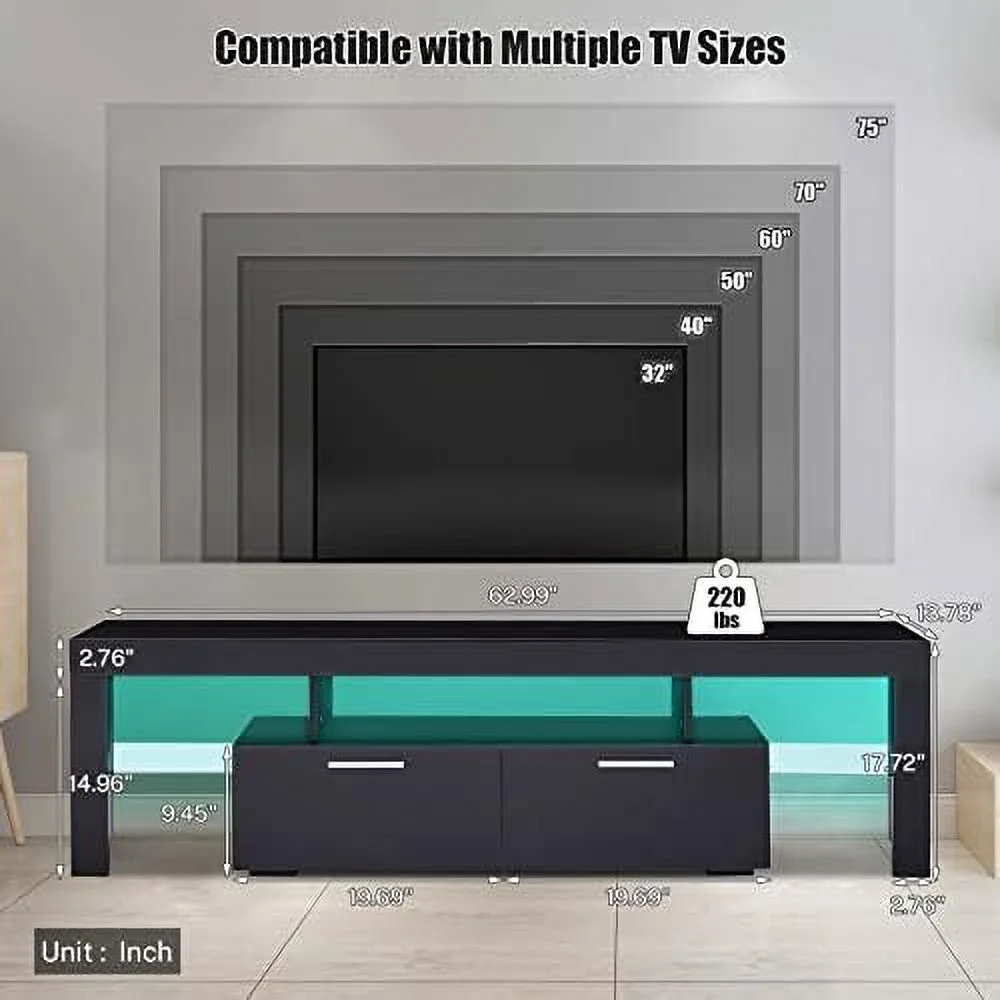 TQJKLFDY Modern LED TV Stand with  and LED Lights for 55/65/70/75 inch TV  White TV Console Table with High Glossy Entertainment Center for Gaming