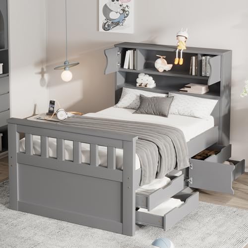 Harper & Bright Designs Twin Size Captain Platform Bed with Bookcase Headboard, Wood Twin Bed Frame with Storage Drawers and Shelves