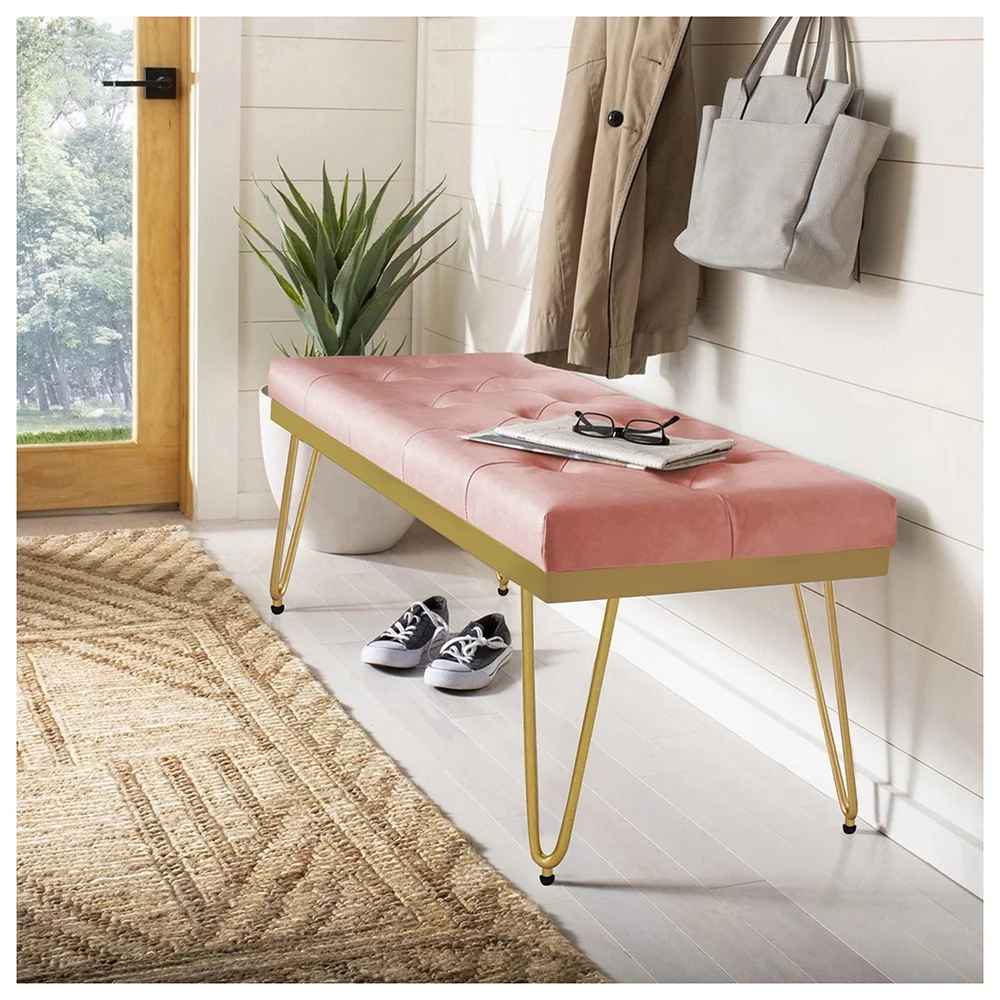 Leejay 44 inch Pink Velvet Bedroom Bench for End of Bed,Kitchen Dining Room Bench with Golden Leg