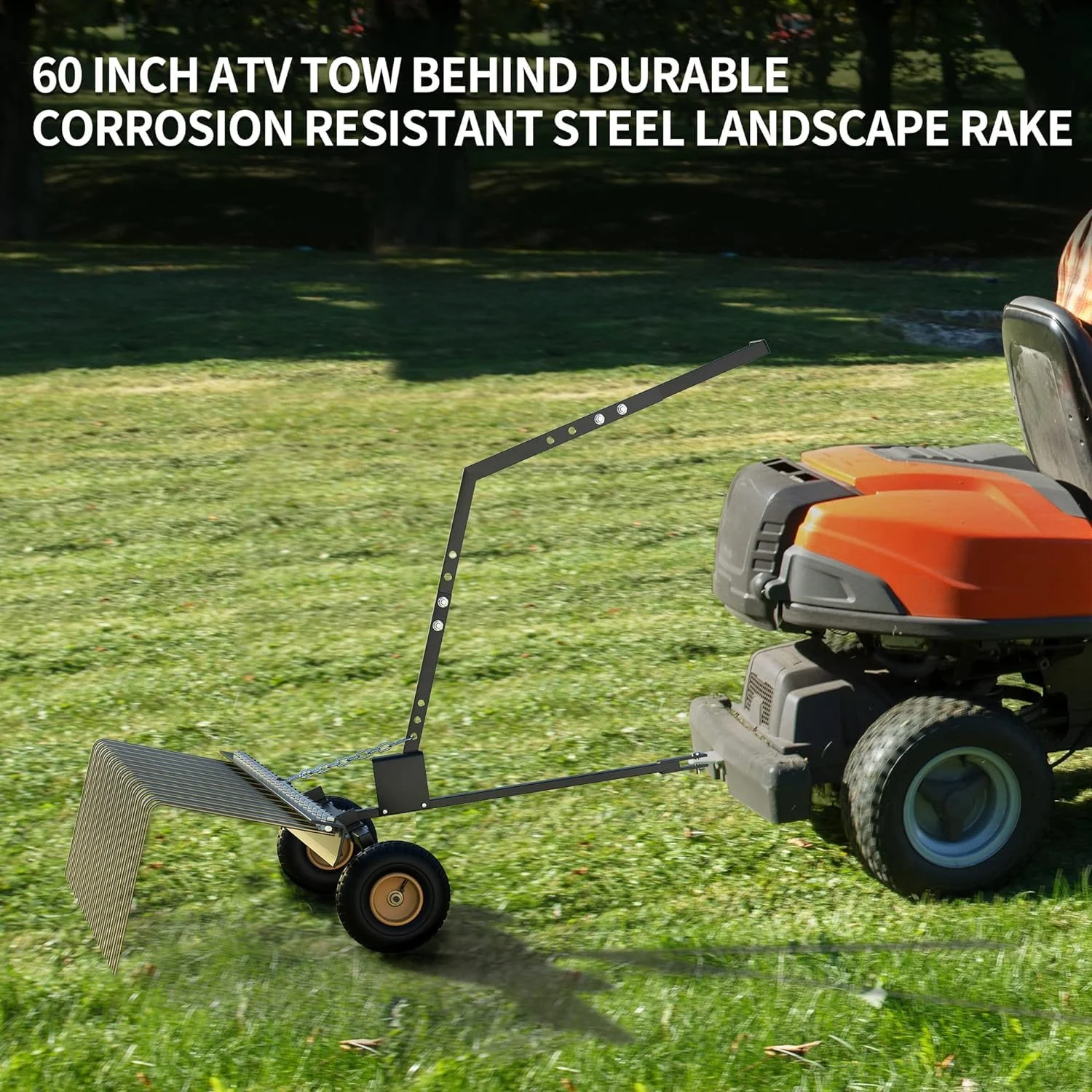 Tropow 60in Pine Straw Tow Behind Steel Landscape Rake w/Wheels & Handle