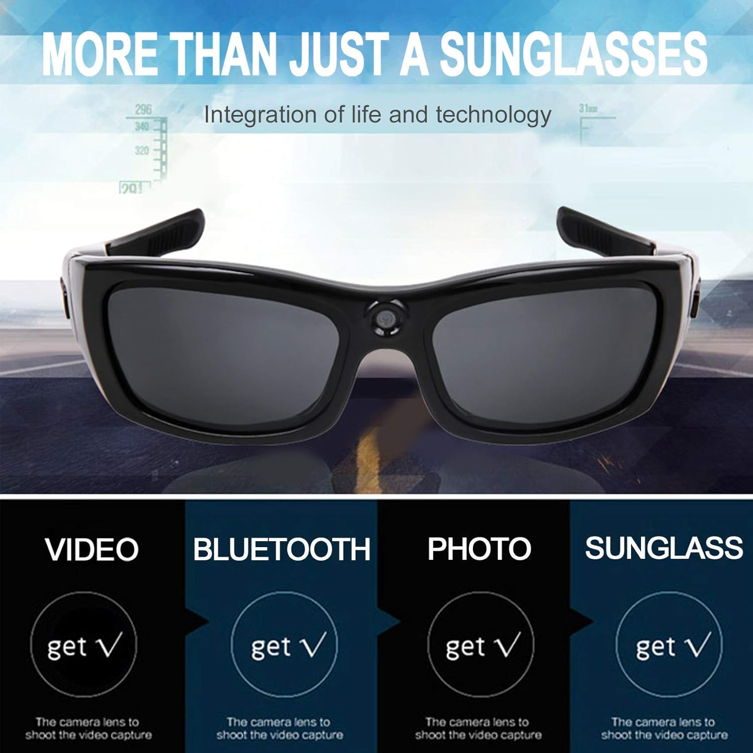 Bluetooth Sunglasses Camera Full HD 1080P Video Sunglasses Sports Action Camera with Polarized UV Protection Safety Lenses