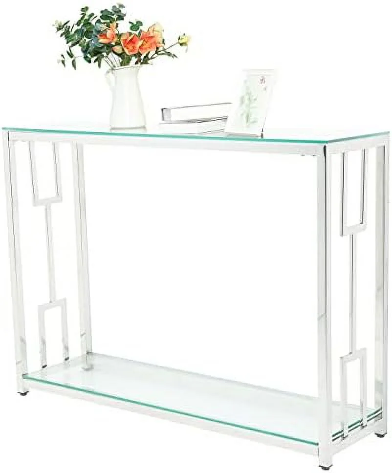 TJUNBOLIFE Glass Console Table with Shelves - Modern Glass Entryway Table with Chrome Leg