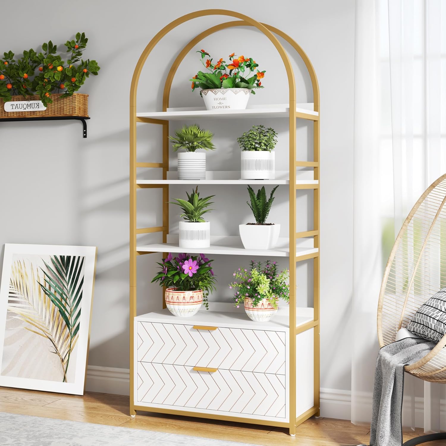 Tribesigns 4-Tier Bookshelf with 2 Drawers, 74.80”H Tall Bookcase 4 Display Shelf Small Place