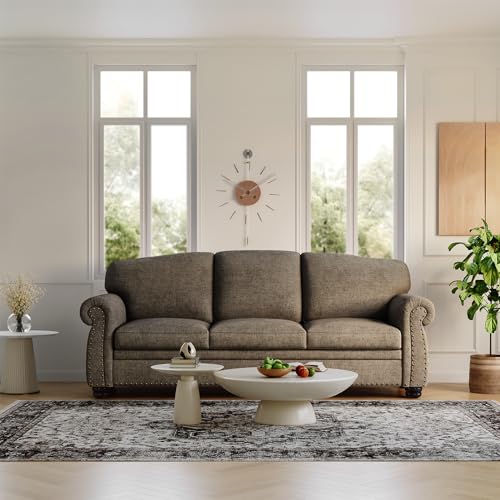 90 Inch Nailhead Trim Couch for Living Room, 23 Inch Deep Seat Rolled Arm Sofa, Comfy Upholstered 3 Seater Chenille Couch w/Wooden Leg