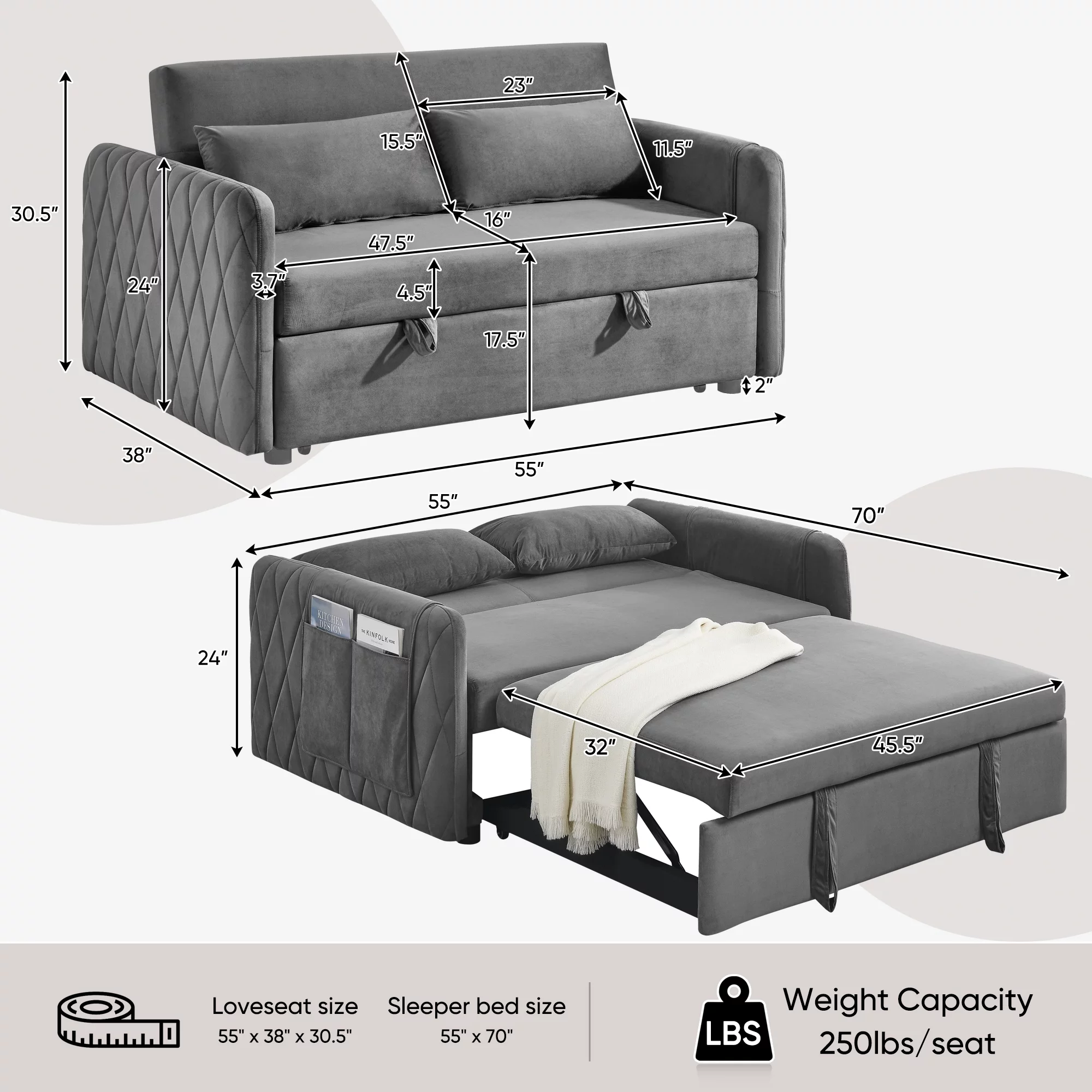 KINFFICT Futon Sofa Bed, Modern 2-Seat Loveseat Sleeper, Pull Out Sofa Bed for Living Room, Gray - Radiant Selections