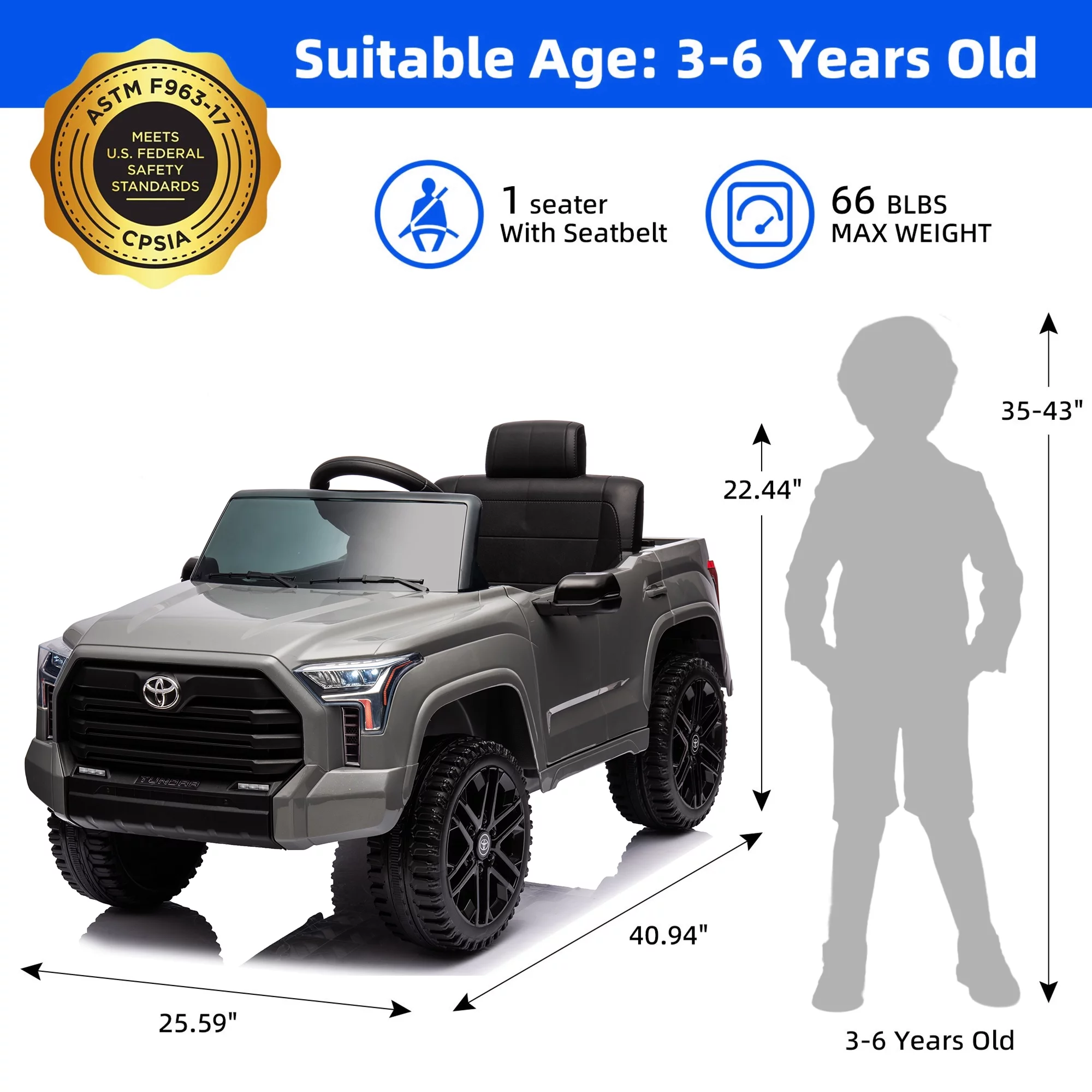 12 V Kids Ride on Car Officially Licensed Toyota Tundra Pickup, Battery Powered Toy Electric Car w/Remote Control, MP3, Bluetooth, LED Light