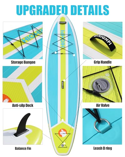 Highpi Inflatable Stand Up Paddle Board Premium SUP Accessories, Backpack, Wide Stance, Surf Control, Non-Slip Deck, Leash, Paddle and Pump