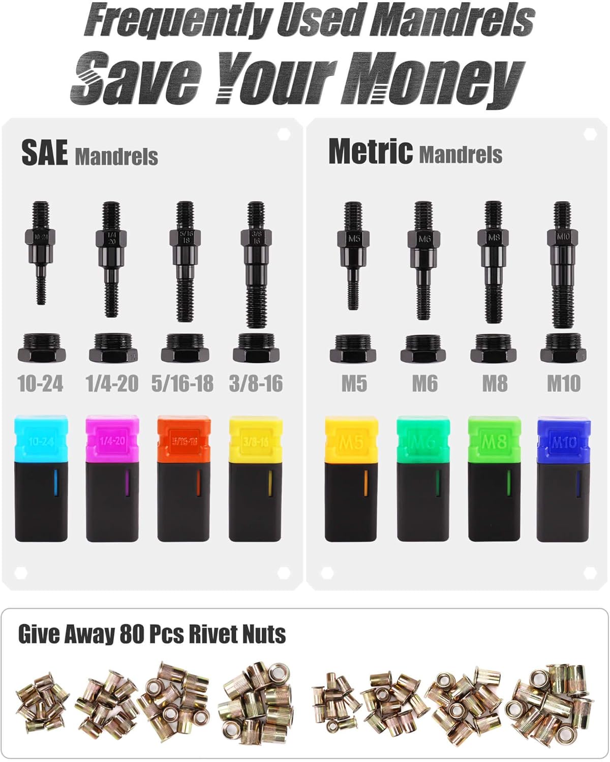 Amjoy Rivet Nut Tool 16'' Long Handles, Labor-Saving Rivnut Tool Set with 8 Mandrels(Metric/SAE), Easy Use Rivet Nut Kit with 80 Rivet Nuts