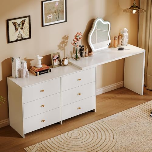Large Makeup Vanity Desk with Mirror and Lights, Vanity Desk with 8 Drawers & Storage Shelves, Vanity Table with Power Outlet