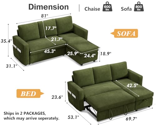 81" Sleeper Sofa Bed with Pull Out Bed, L Shaped Couch Sectional Sleeper Sofa, Pull Out Couch with Reversible Storage Chaise, Side Pockets