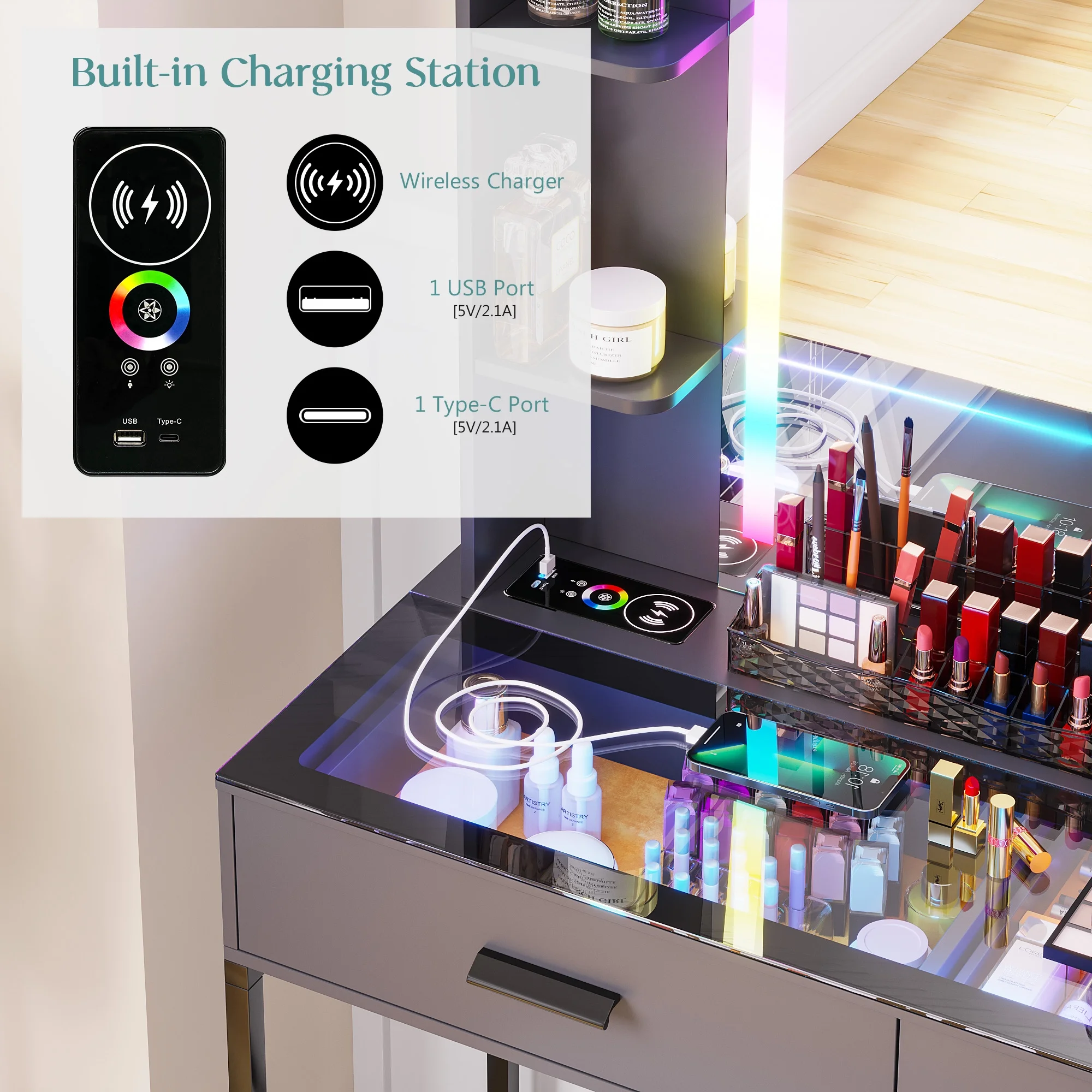 HNEBC RGB Vanity Desk with Lights, Glass Top Makeup Desk with Wireless Charging Station, Dressing Table Set with Stool/6 Drawers