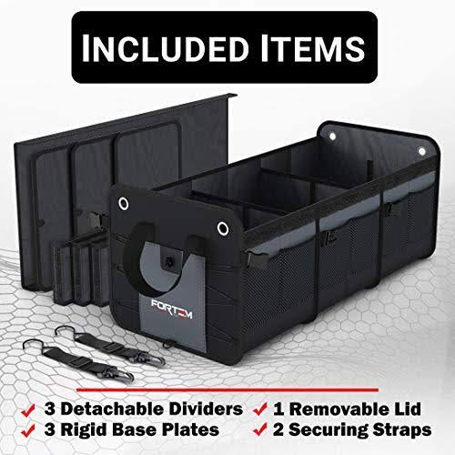 Fortem Car Trunk Organizer, Foldable Cover, Non-Slip Waterproof Bottom, Straps, Cargo Storage (3 Compartments, Grey)