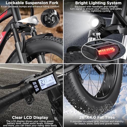 Electric Bike for Adults, 1000W Peak Ebike, 25MPH 60Miles Electric Mountain Bike, 26" Fat Tire Electric Bicycle with 48V 13AH Battery, Rear Rack