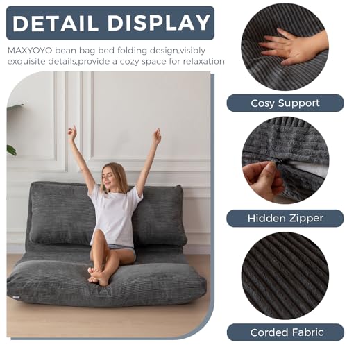 MAXYOYO Bean Bag Bed Folding Sofa Bed Floor Mattress for Adults, Extra Thick and Long Floor Sofa with Corded Washable Cover, Dark Grey, 30x95 Inch