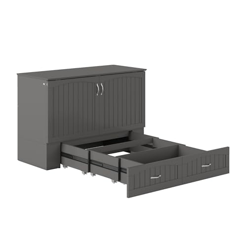 AFI Southampton Queen Murphy Bed Chest with Mattress, Storage, and Built-in Charger in Grey