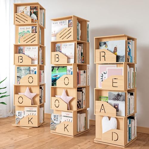 Rotating Wooden Bookshelf 360° Storage Display Rack Corner Bookcase Floor Standing Open Shelves for Living Room Organizer Decor