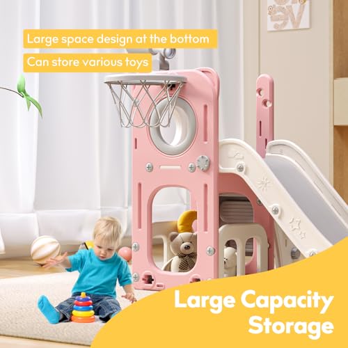 6 in 1 Toddler Playset with Slide, Kids Slide with Basketball Hoop, Ball, Ring Toss, Indoor Outdoor Toys (White Grey)