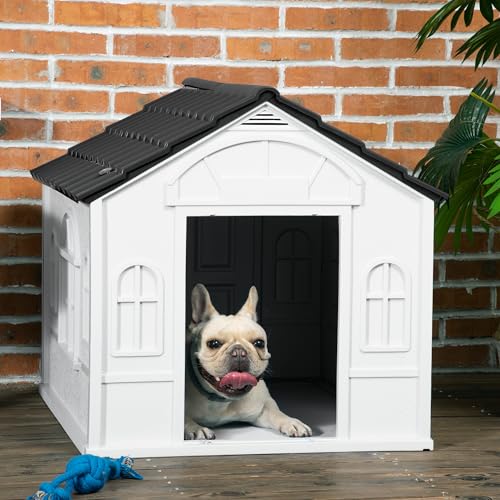 Outdoor Wooden Dog House,Waterproof Kennel with Deck and Sloped Roof,High Stability Pet Dog Cage for Small/Medium Puppy