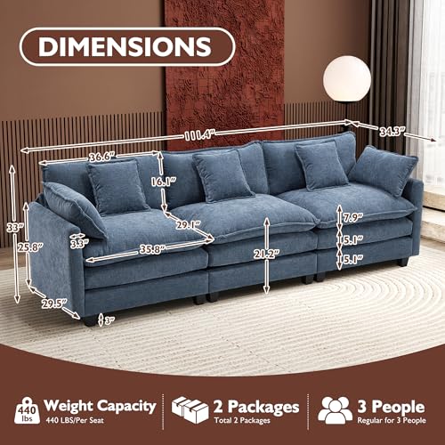 Ihanherry 111.4" U Shaped Modern Cloud Sofa Modular Sectional Couch with 2 Ottoman, 5-Seat Chenille Deep Seat Sofa with Pillow for Living Room