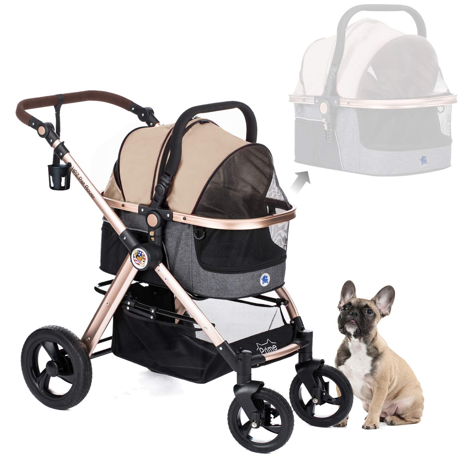 HPZ Pet Rover Prime 3-in-1 Luxury Dog/Cat/Pet Stroller (Travel Carrier + Car Seat +Stroller) with Detach Carrier/Pump-Free Rubber Tires/Aluminum