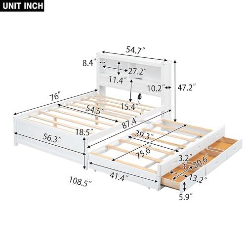 Full Size Storage Bed with Bookcase Headboard and Trundle, Wood Platform Bed Frame with Charging Station
