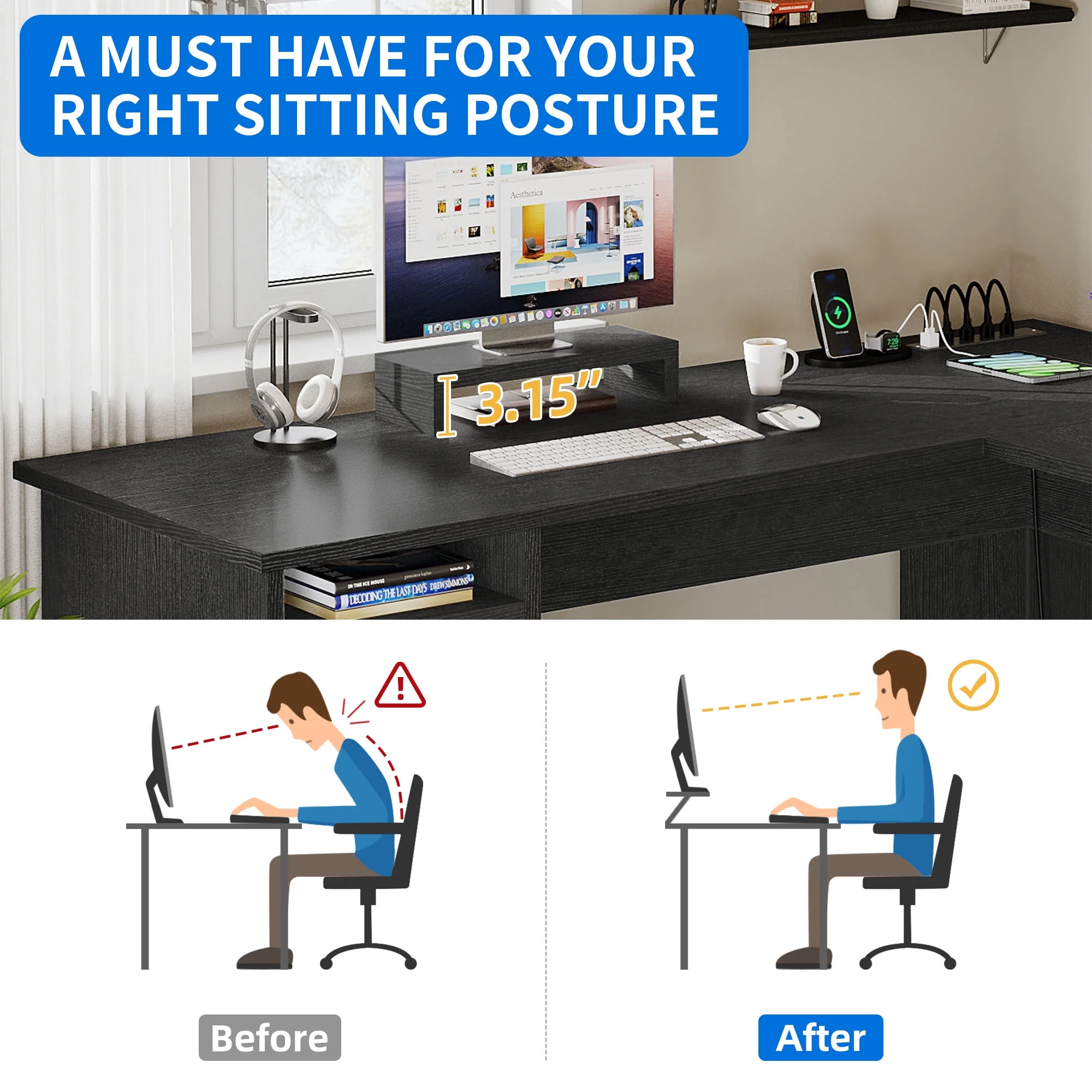 Dextrus 59 Inch L-Shaped Desk with Power Outlet & USB Ports, Office Desk with File Cabinets, Large Computer Desk with Drawers