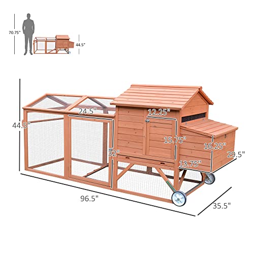 PawHut 96.5" Chicken Coop Wooden Hen House Poultry Cage Pen Portable with Wheels and Nesting Box, Chicken Cage for Backyard Outdoor, Natural