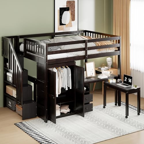 Harper & Bright Designs Twin Size Loft Bed with Stairs and Bookshelf, Wood Twin Storage Bed with Desk & Wardrobe