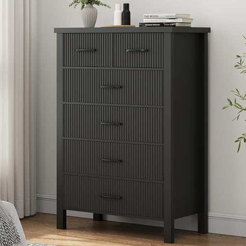 Fluted 6 Drawers Dresser for Bedroom, Tall Boho Chest of Drawers with Metal Handle, Wooden Closet Clothes Storage Organizer for Living Room