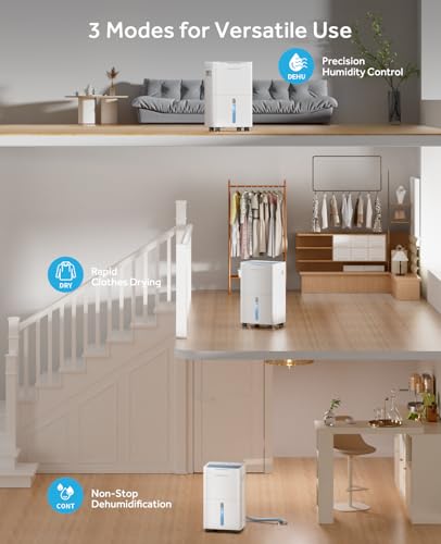 21 Pints Dehumidifier for Basement - 1500 Sq.ft Dehumidifiers for Home, Bedroom & Bathroom with Continuous Drain Hose, Intelligent Humidity Control