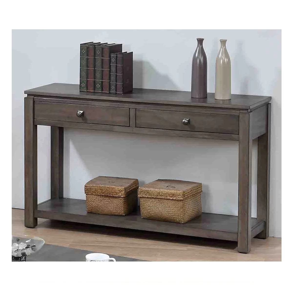The Hamptons Collection 53” Gray Rectangular Wooden Sofa Console Table with Drawers and Shelf