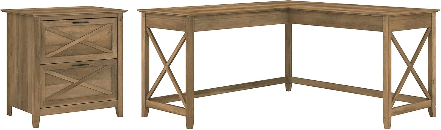Bush Furniture Key West L Shaped Desk with 2 Drawer Lateral File Cabinet, 60W, Dark Gray Hickory