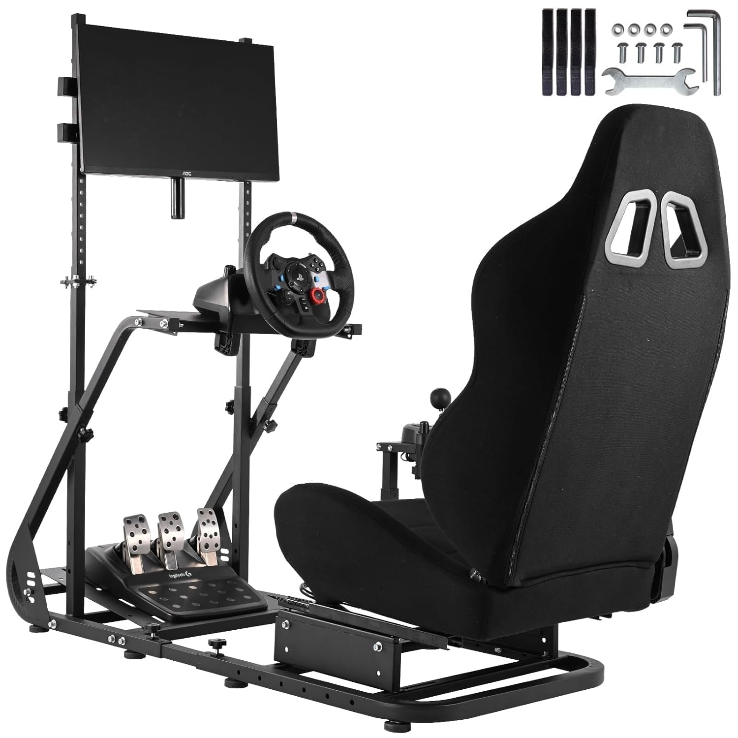 Anman G25 Pro TV VR Sim Racing Simulator Cockpit Black Seat with Visualizer Monitor Stand Fit for Logitech/Thrustmaster/Fanatec G25 G27 G29 G920 G923