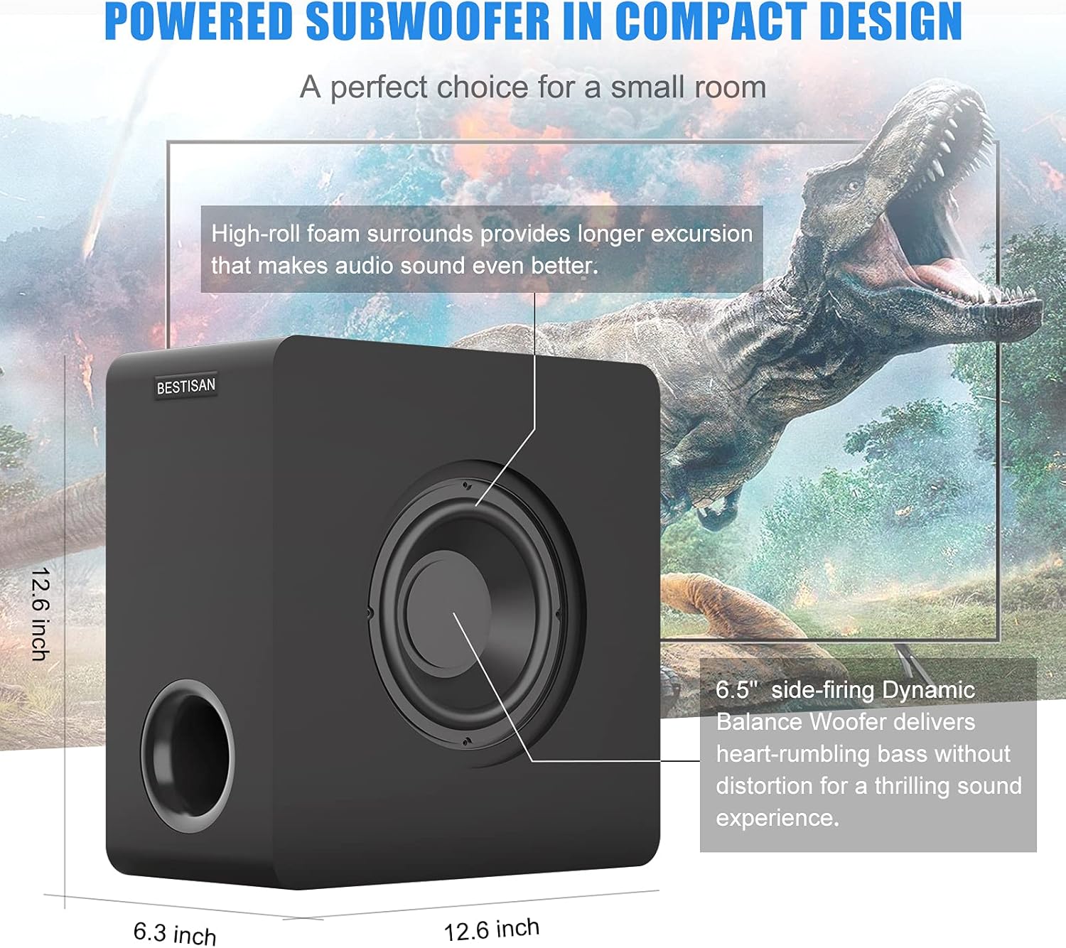 BESTISAN Powered Subwoofer, 6.5’’ Bluetooth 5.0 Home Audio Subwoofer, Deep Bass Response Subwoofers in Compact Design