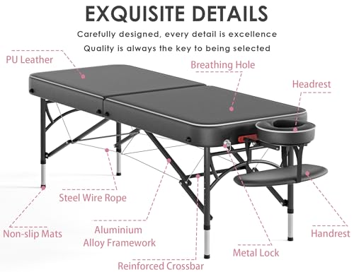 CLORIS 84" Professional Massage Table Portable 2 Folding Lightweight Facial Solon Spa Tattoo Bed Height Adjustable with Carrying Bag & Aluminium Leg