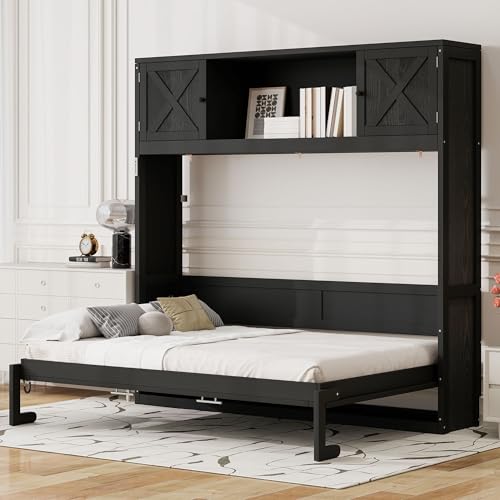 Ball & Cast Queen Size Murphy Bed,Murphy Bed Cabinet W/ 2 Five-Layer Cabinet,Hideaway Wall Bed W/LED Lights,Wood Hidden Bed Frame for Guest Room