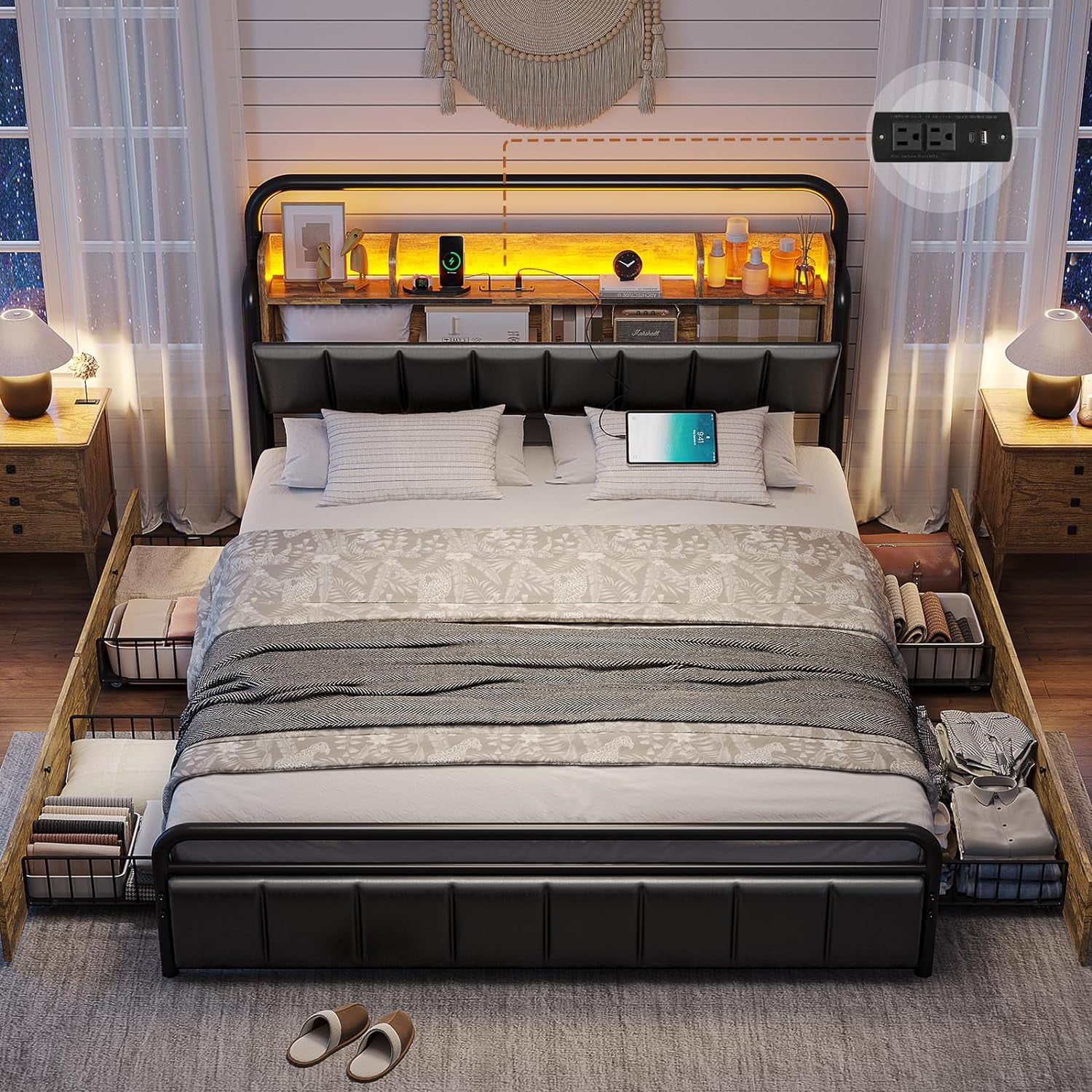 Queen LED Bed Frame with 4 Storage Drawers & Charging Station, Upholstered Headboard with Shelf & Hidden Storage Space, Heavy Steel Slat Support