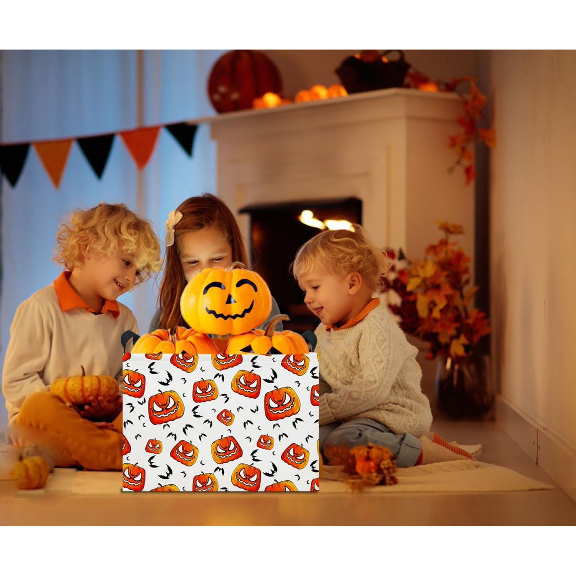 Rectangle Storage Basket with Handles,Collapsible Storage Bin,Books Box,Gift Basket(Pumpkin Halloween)