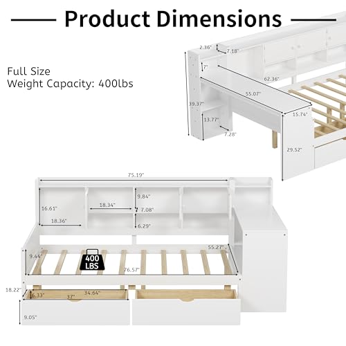 Corner Twin Bed Frame with Bookcase Storage and Desk, Wood Day Beds with 2 Drawers, Twin Size Daybed with Storage for Living Room