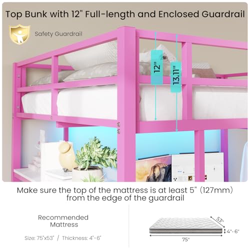 DICTAC Loft Bed Full Size with L-Shaped Desk and Charging Station Full Metal Bed Frame with LED Lights,Open Shelves and 3 Fabric Storage Drawers