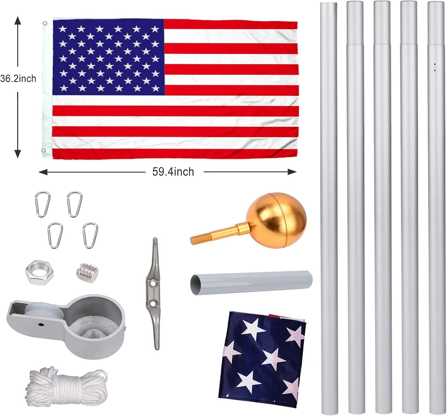 Klvied 20FT Sectional Flag Poles, Heavy Duty Aluminum Flag Pole Kit, Hardware Outdoor Garden Adjustable Pole with 3x5 American Flag and Golden Ball