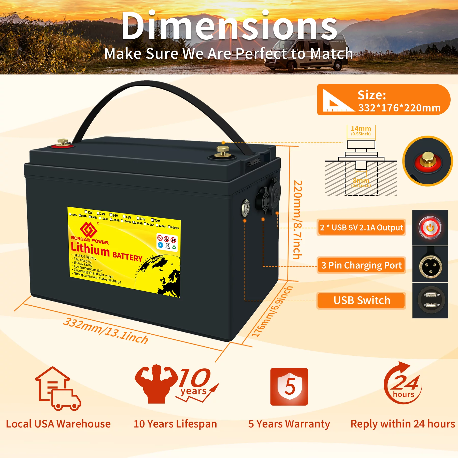SCREAMPOWER 24V 60Ah LiFePO4 Battery, Rechargeable Deep Cycles Lithium Batteries with 100A BMS, Perfect for RV, Solar, Marine