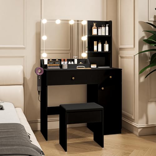 Vanity Desk with Mirror and Lights Dimmable LED Makeup Table with Drawers Side Cabinet 3 Storage Shelves Power Outlet Dressing Table Set Include