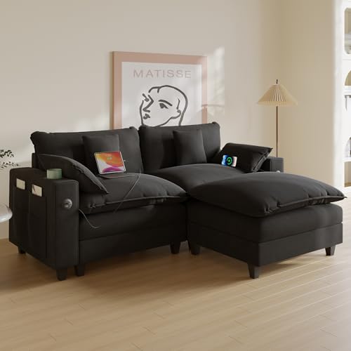 Modular Sectional Sofa, Cloud Couch with Ottoman, Charging Station, Throw Pillows, Cup Holders, Modern Convertible U Shaped Couches for Living Room