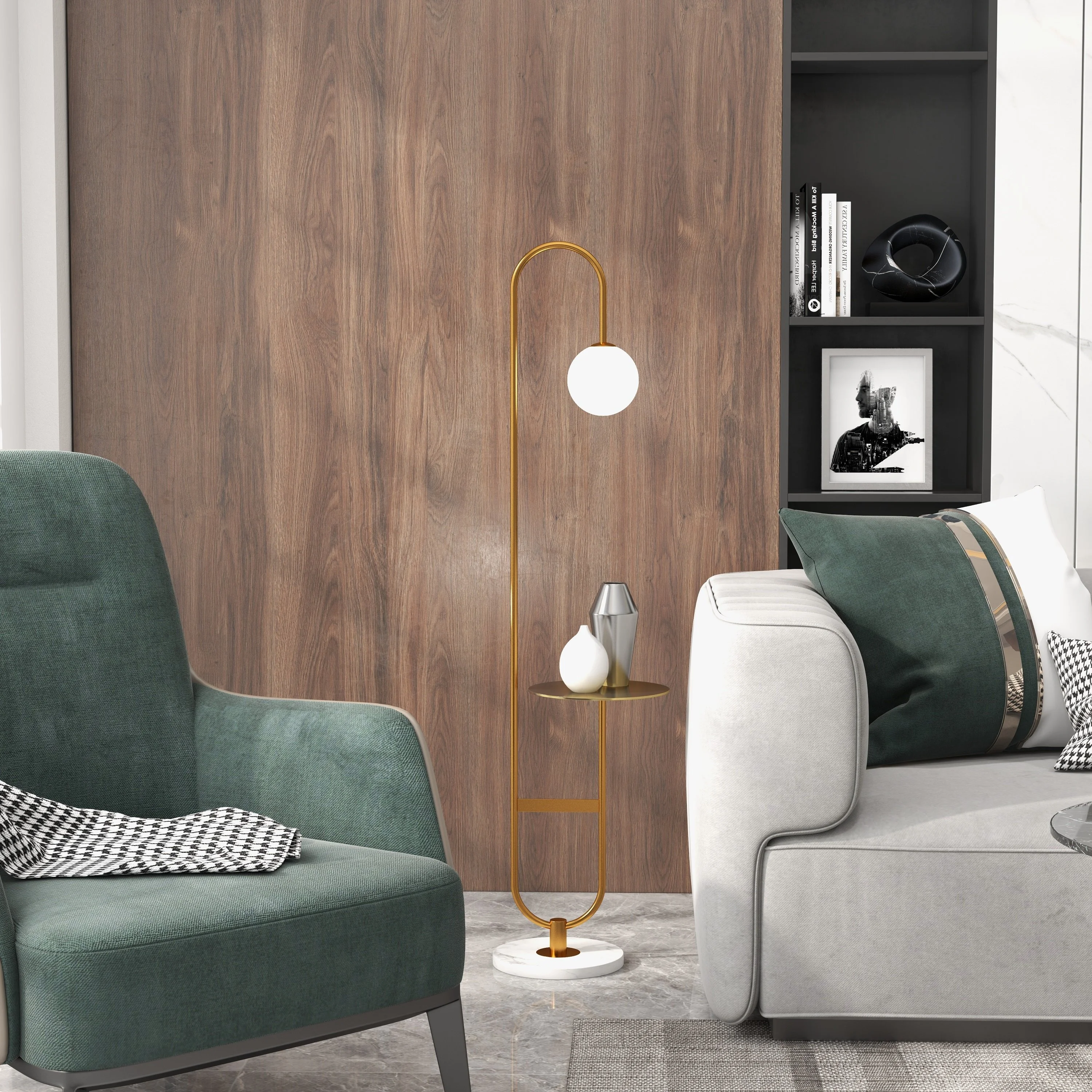 Homary 60" Modern Arc Floor Lamp with Shelf in Gold with Glass Shade & Marble Base for Living room Bedroom and Game Room