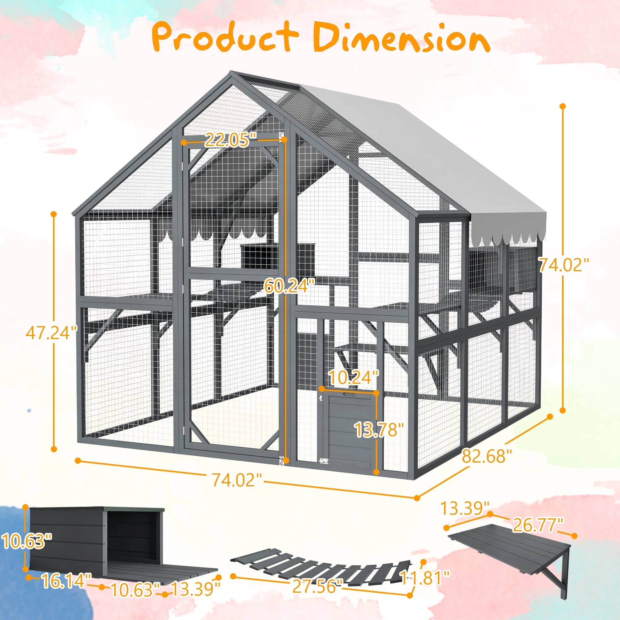 Montary Catio Outdoor Cat Enclosure with Window Access, 4-Tier Cat House with Wheels, Waterproof Roof &amp; Resting Box, Large Gray Cage