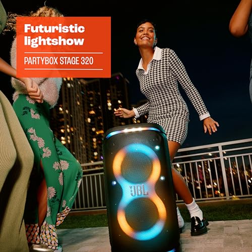 JBL PartyBox Stage 320 - Portable Party Speaker with Telescopic Handle & Wide, Sturdy Wheels, Powerful JBL Pro Sound, Futuristic lightshow