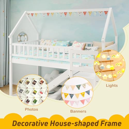 Giantex House Bunk Bed Twin Over Twin with Slide & Stairs, Wood Bunk Bed with Storage Shelves, No Box Spring Needed