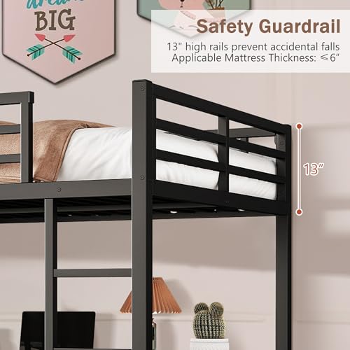 Queen Heavy Duty Metal Loft Bed with L-Shaped Desk, Wardrobe & 5 Storage Shelves – Space-Saving Design for Kids, Teens, Adults – CPC Certified